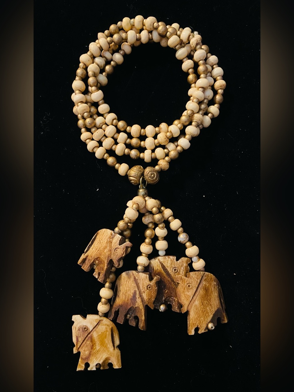 Vtg Carved Bovine Bone Elephant Pendant Necklace Beaded Cream Boho Tribal 36”